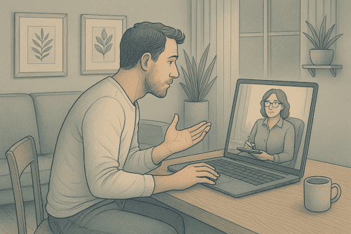 Individual connecting with a qualified mental health provider through an online therapy platform for schizophrenia treatment.