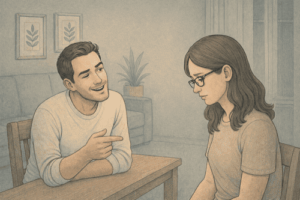 Man exhibiting passive-aggressive behavior patterns while his partner struggles with the emotional impact of indirect hostility.