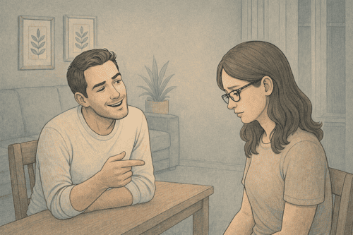 Man exhibiting passive-aggressive behavior patterns while his partner struggles with the emotional impact of indirect hostility.