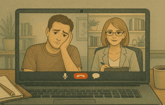 Young man participating in a virtual psychiatric consultation for bipolar disorder via laptop.