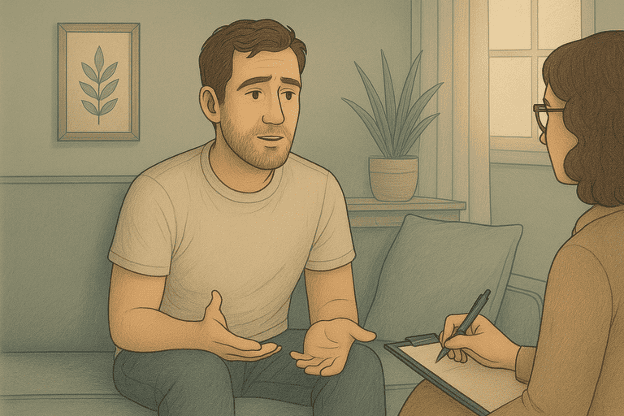 Patient consulting with therapist during in-person bipolar disorder treatment session.