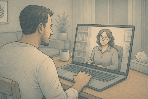 Person receiving online therapy for schizophrenia through video call with a mental health professional.