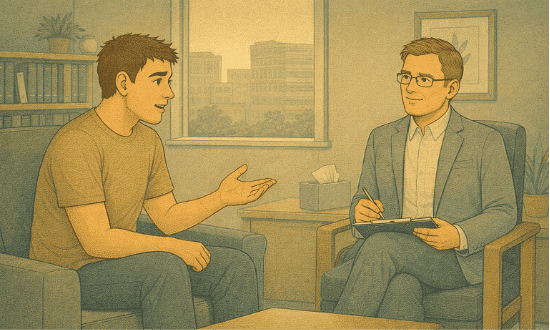 Patient actively engaged in individual therapy session, gesturing expressively while discussing treatment goals with therapist in a professional office setting.