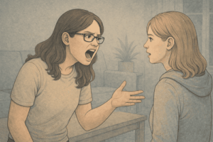 Woman displaying intense anger toward another person, illustrating the explosive outbursts common in IED and defiant hostility seen in ODD.