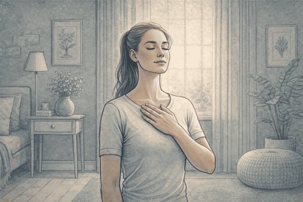 An illustration of a woman taking deep breaths with her hand on her chest in a calming pose.