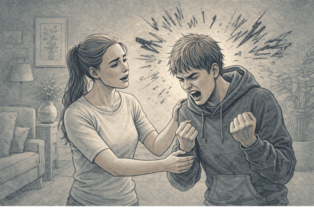 An illustration of two people in a living room with tense expressions, depicting a difficult moment.