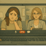 Two women engaged in a telehealth therapy session via laptop video call