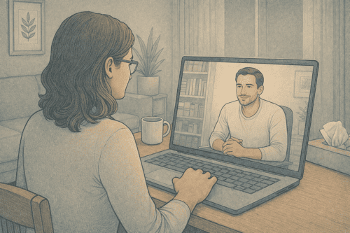 Virtual therapy session demonstrating telehealth delivery for schizophrenia management.