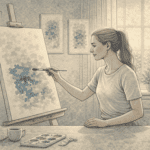 An illustration of a woman painting on a canvas in a bright, calm art studio with natural light.
