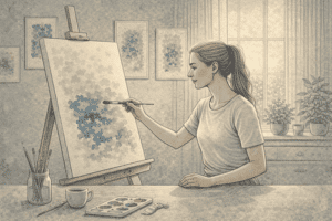 An illustration of a woman painting on a canvas in a bright, calm art studio with natural light.
