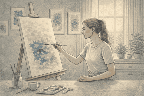 An illustration of a woman painting on a canvas in a bright, calm art studio with natural light.