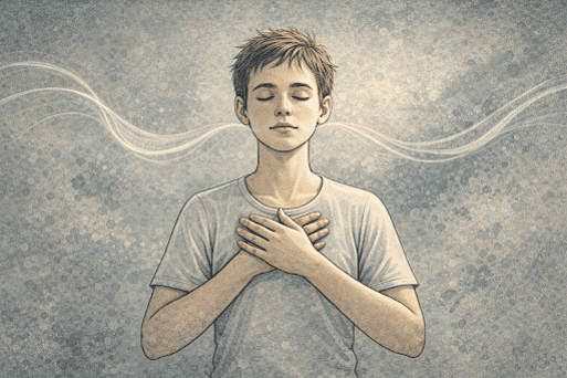 An illustration of a young person taking a deep breath with eyes closed, practicing a calming technique.