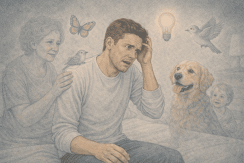 A man showing signs of confusion and distress, visualizing the internal experience of psychosis hallucinations.