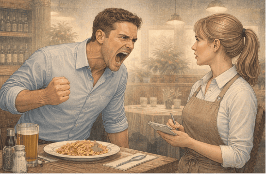 Illustration of a man with Intermittent Explosive Disorder angrily yelling at a waitress in a restaurant, face flushed and fist clenched during an intense outburst.
