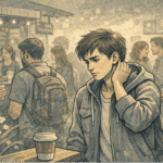 Young adult struggling with social anxiety in a crowded public setting, illustrating the everyday challenges of navigating social situations with anxiety.