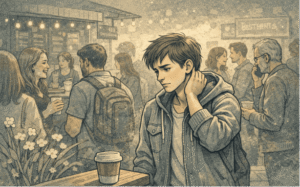 Young adult struggling with social anxiety in a crowded public setting, illustrating the everyday challenges of navigating social situations with anxiety.