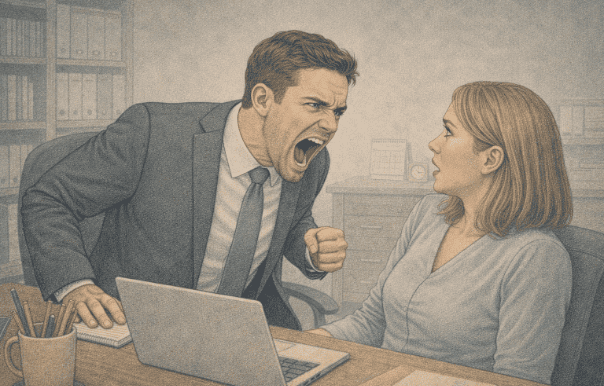 Illustration of a man with Intermittent Explosive Disorder yelling at a colleague during an intense outburst in a workplace office.