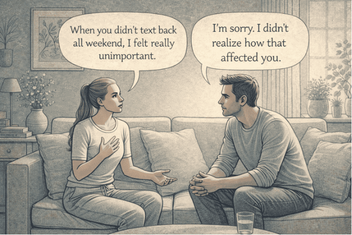 Two people sitting down together to address a recent conflict calmly and promptly, using specific examples rather than letting resentment build into passive-aggressive behavior.