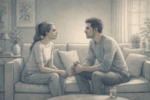 A couple sitting together having a difficult but honest conversation about relationship frustrations, showing vulnerability and direct communication instead of passive-aggressive avoidance.