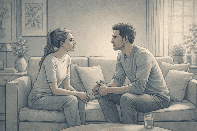 A couple sitting together having a difficult but honest conversation about relationship frustrations, showing vulnerability and direct communication instead of passive-aggressive avoidance.
