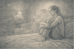 Person sitting alone, looking disconnected and distant while experiencing signs of dissociation