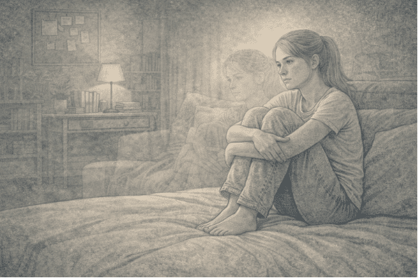 Person sitting alone, looking disconnected and distant while experiencing dissociative symptoms