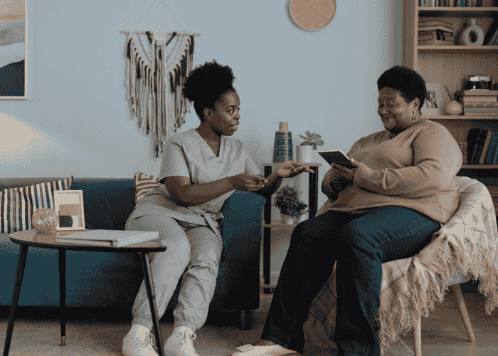 Woman receiving support after researching expanded CARE Court eligibility in California