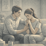 Partner providing emotional support to someone with social anxiety in a calm, comfortable home setting, showing understanding and patience.