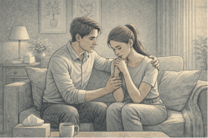 Partner providing emotional support to someone with social anxiety in a calm, comfortable home setting, showing understanding and patience.