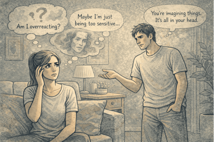 Woman questioning her own perception while her partner gestures dismissively, representing gaslighting in an abusive relationship.