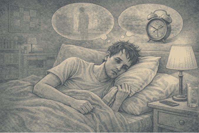 Person experiencing lack of sleep as a result of triggers from stress-related dissociation.