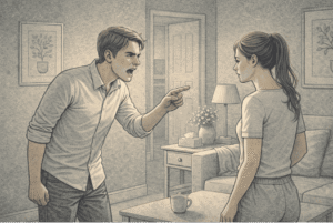 Person snapping at family member after stressful day at work, illustrating how anger from one situation gets redirected toward an unrelated person in a safer environment.