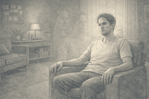 Adult experiencing stress-related dissociation with a detached expression while sitting in a room, appearing disconnected from their surroundings.