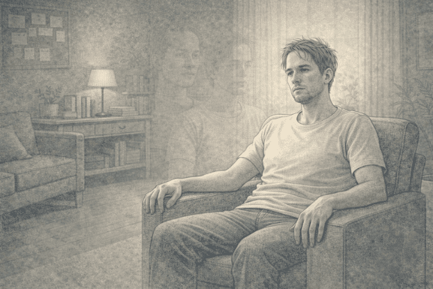 Adult experiencing stress-related dissociation with a detached expression while sitting in a room, appearing disconnected from their surroundings.
