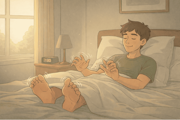 Close-up of a person practicing small muscle movements like wiggling fingers to break a sleep paralysis episode.