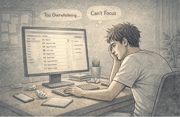 Person staring at computer screen with unopened emails and unfinished tasks visible, showing the paralysis and executive dysfunction that accompanies worsening ADHD.