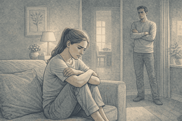 Woman sitting alone, looking distressed while her husband stands distant, showing emotional isolation in marriage