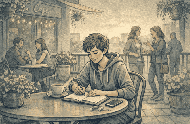 Person journaling about social anxiety progress as part of gradual exposure and self-reflection to build confidence in social settings.