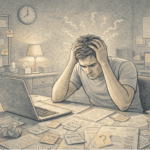 Adult sitting at desk surrounded by unfinished tasks and papers, looking overwhelmed and frustrated while trying to focus on work, representing worsening ADHD symptoms.