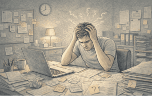 Adult sitting at desk surrounded by unfinished tasks and papers, looking overwhelmed and frustrated while trying to focus on work, representing worsening ADHD symptoms.