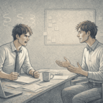 Adult experiencing frustration and anger in a workplace setting while a coworker attempts to communicate calmly, illustrating the interpersonal conflicts characteristic of Oppositional Defiant Disorder.