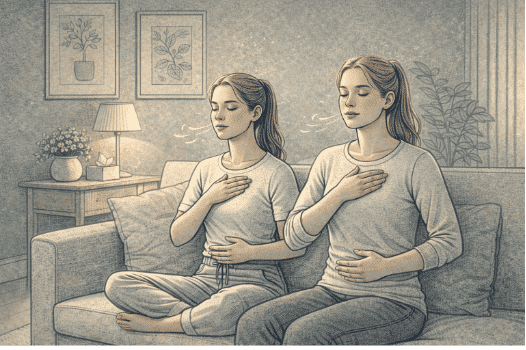 Person practicing deep breathing with hands placed on chest and stomach, eyes closed in concentration, while a supportive companion breathes alongside them to demonstrate the calming rhythm.