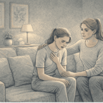 Person experiencing a panic attack with rapid breathing and visible distress while a supportive friend sits calmly beside them, offering reassurance in a quiet home setting.