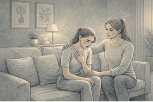 Person experiencing a panic attack with rapid breathing and visible distress while a supportive friend sits calmly beside them, offering reassurance in a quiet home setting.