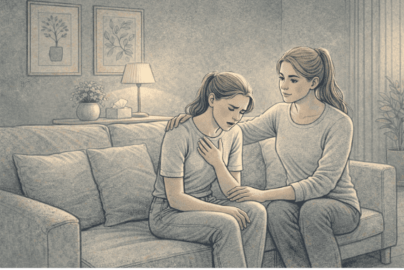 Person experiencing a panic attack with rapid breathing and visible distress while a supportive friend sits calmly beside them, offering reassurance in a quiet home setting.