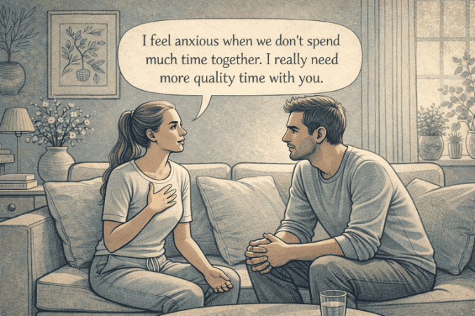 Person calmly expressing their feelings directly to their partner using "I feel" statements, demonstrating healthy communication instead of passive-aggressive hints or sarcasm.