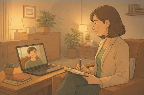A therapist taking notes during a video call session with a young client on a laptop.