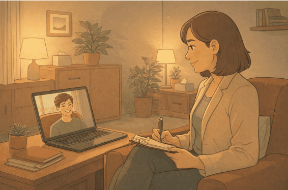 A therapist taking notes during a video call session with a young client on a laptop.