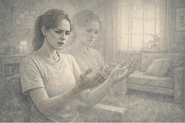 Woman experiencing depersonalization, looking at her hands with confusion and detachment, surrounded by a dreamlike, foggy environment representing derealization symptoms.