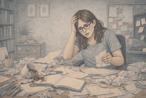 Woman looking overwhelmed and disorganized, representing the impact of psychosis on daily functioning.